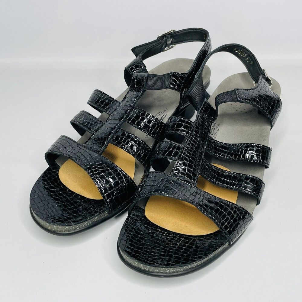 SAS Tripad Allegro Black Patent Leather Croc Snake Print Heel Sandals Sz 10 N